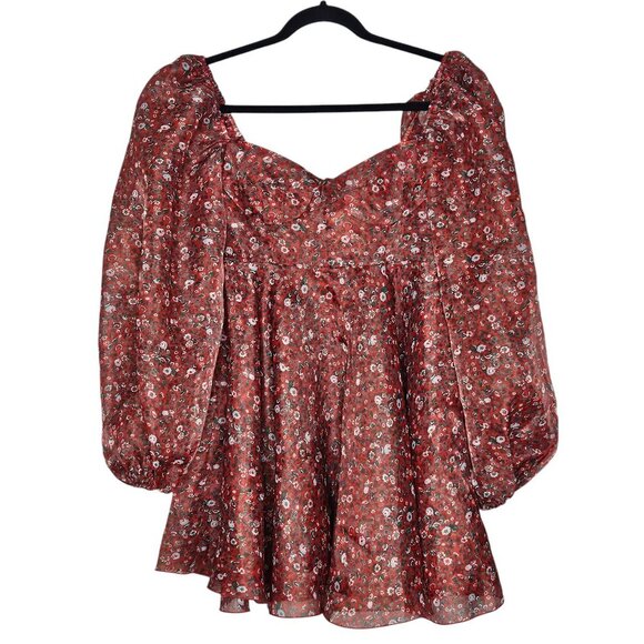 Selkie Princess Crimson Darling Red Floral Puff Sleeve Organza Mini Dress Size S - Picture 4 of 15